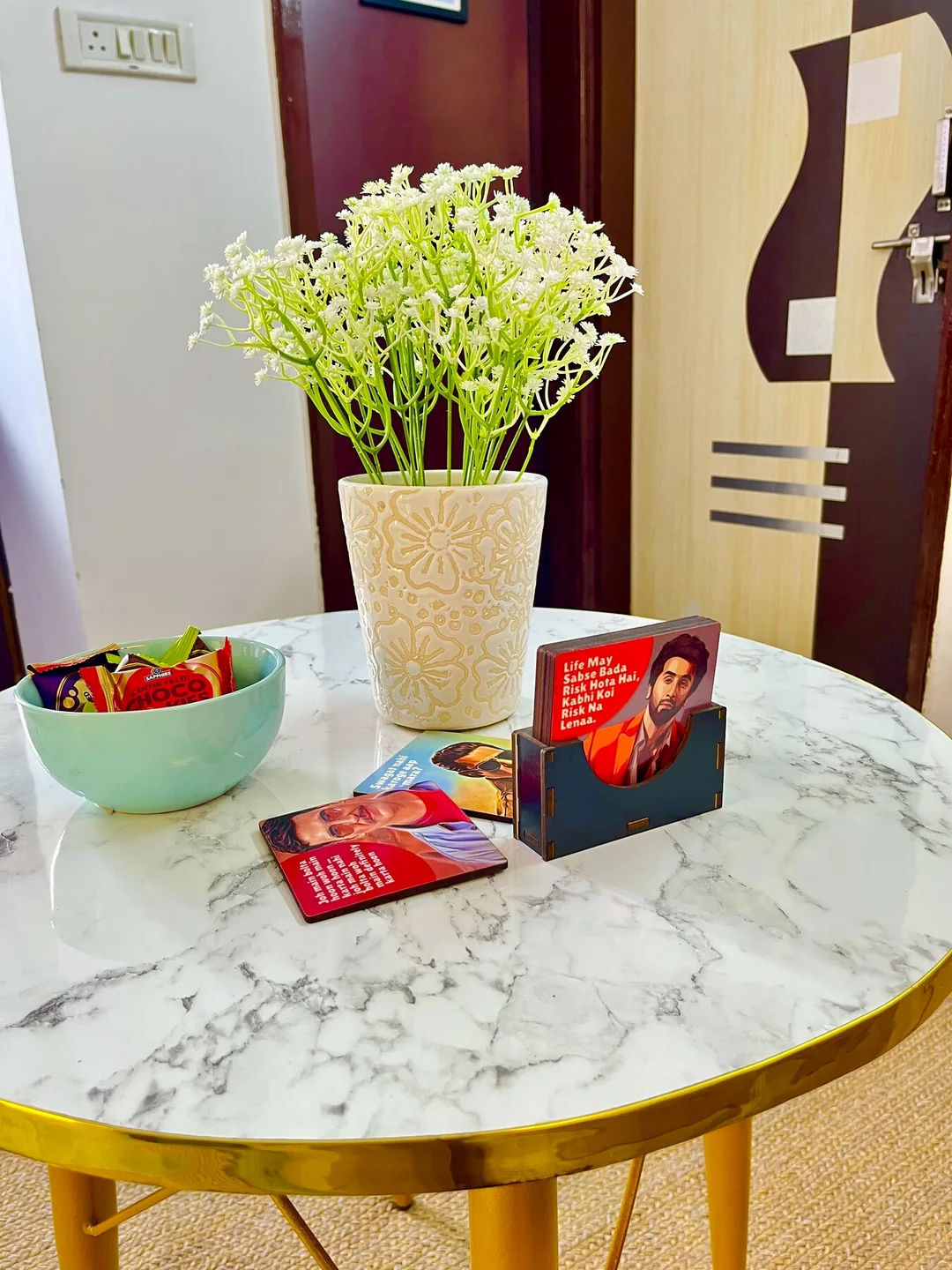 Welcome table with games and thoughtful guest details